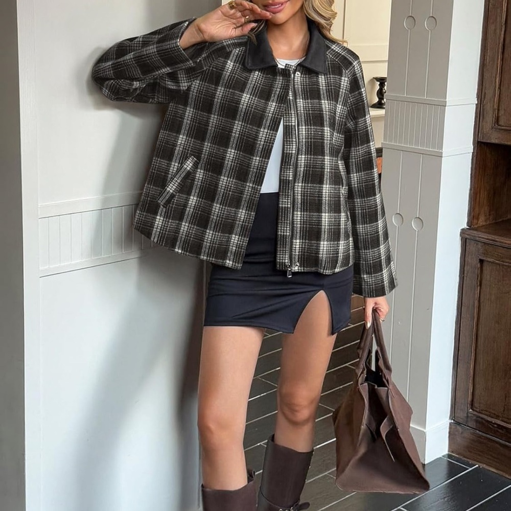 Plaid Zip Up Cropped Jacket